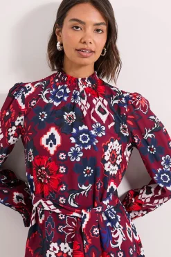Robe Mini à Col Froncé et Taille Nouée