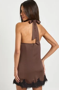 Robe Mini Col Halter Contrastée Satin & Dentelle