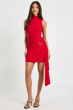 Robe Mini Col Montant avec Détail Taille Ajustée
