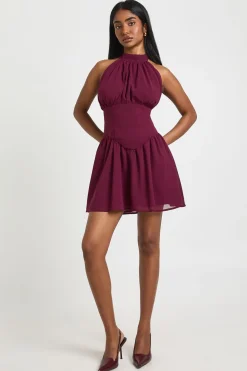 Robe Mini Col Montant en Mousseline avec Détails Froncés