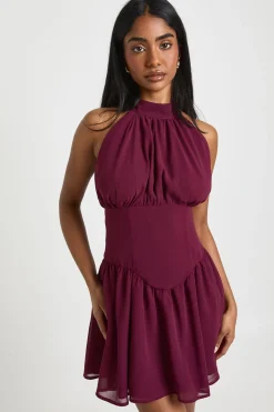 Robe Mini Col Montant en Mousseline avec Détails Froncés