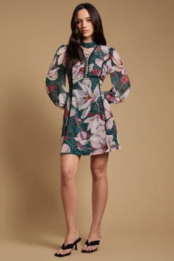 Oasis Robe Mini à Col Montant et Manches Longues avec Laçage<Femme Satin Et Dentelle|Robes À Manches Longues