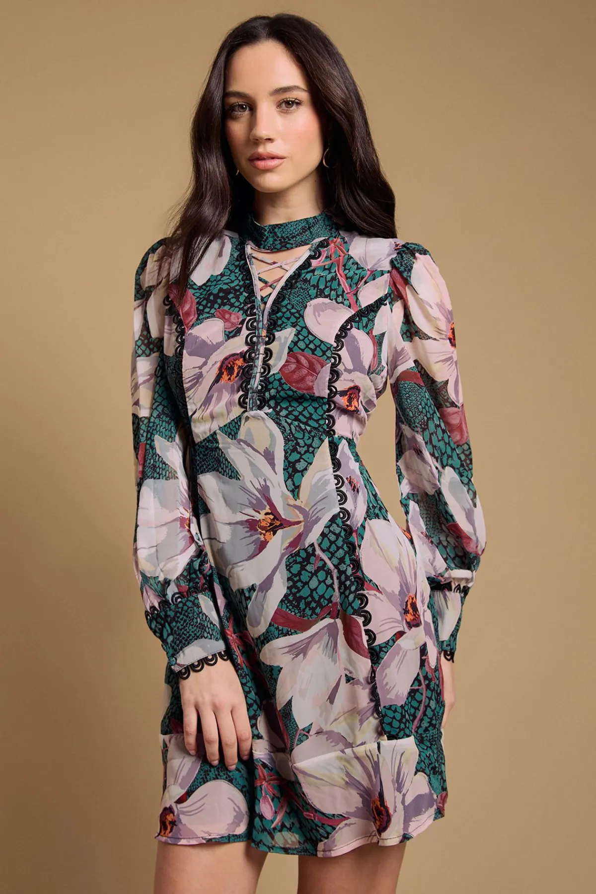 Oasis Robe Mini à Col Montant et Manches Longues avec Laçage<Femme Satin Et Dentelle|Robes À Manches Longues