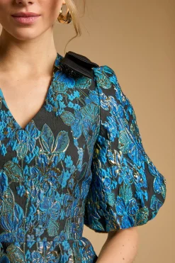 Robe Mini à Col V avec Manches Bouffantes et Nœud à l'Épaule
