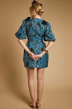 Robe Mini à Col V avec Manches Bouffantes et Nœud à l'Épaule