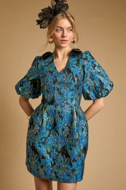 Robe Mini à Col V avec Manches Bouffantes et Nœud à l'Épaule