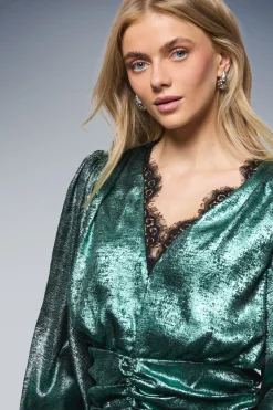 Robe Mini à Col V et Jupe Froncée en Lamé