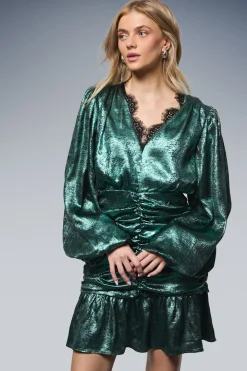 Robe Mini à Col V et Jupe Froncée en Lamé