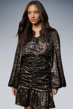 Robe Mini Col V Froncée Imprimé Léopard