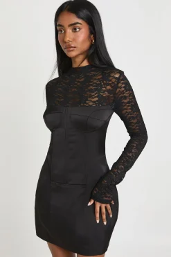 Robe Mini Corset en Dentelle à Col Haut