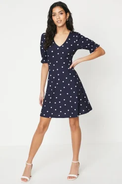 Dorothy Perkins Robe Mini Courte à Manches Courtes en Jersey à Pois Navy Petite<Femme Robes|Robe Invitée Mariage