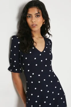 Dorothy Perkins Robe Mini Courte à Manches Courtes en Jersey à Pois Navy Petite<Femme Robes|Robe Invitée Mariage