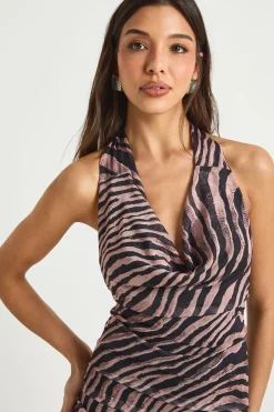 Robe mini Cowl en maille imprimée zèbre à encolure haute