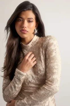 boohoo Robe mini Demask à sequins, col haut, manches longues<Femme Robes Moulantes|Robes À Manches Longues