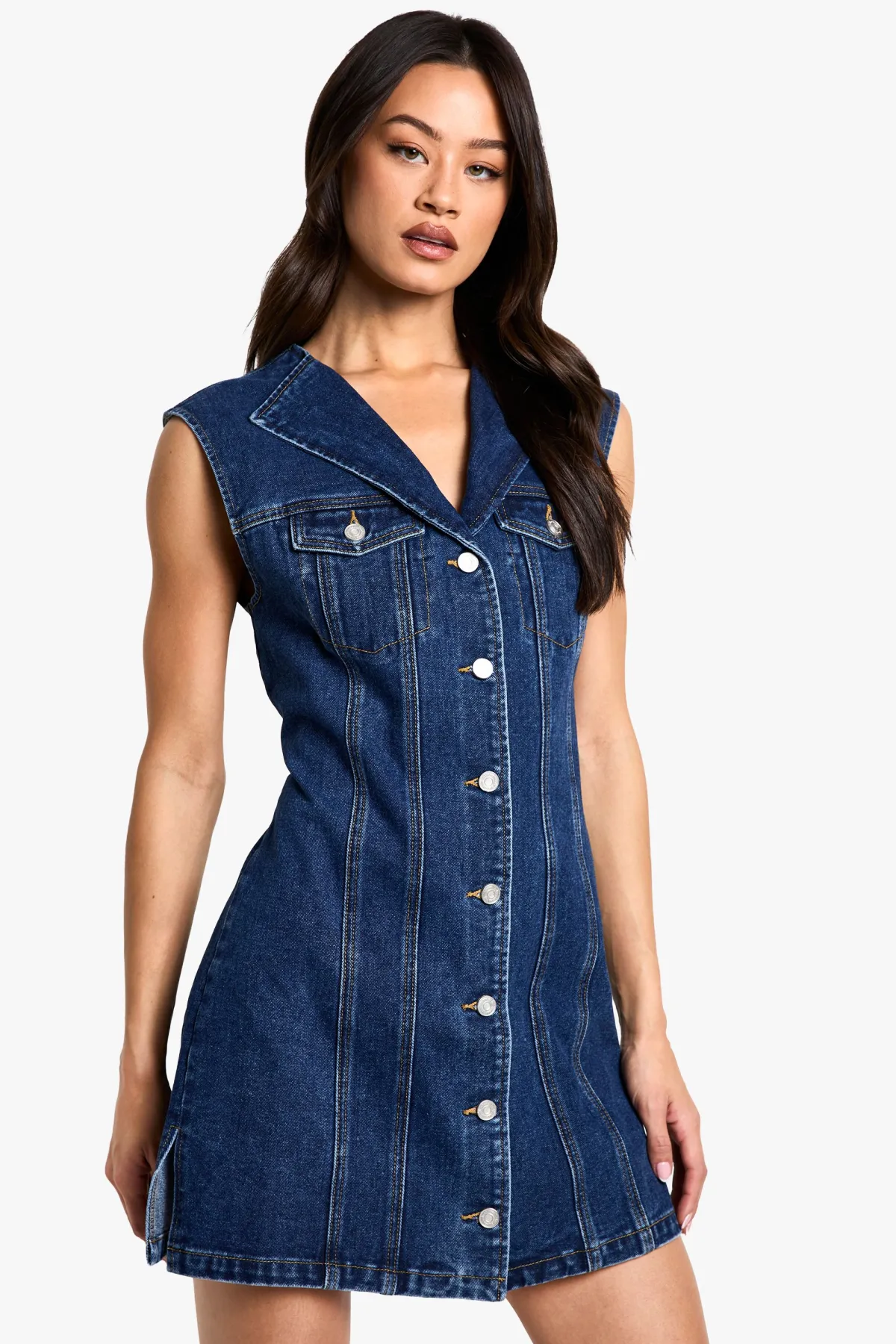 boohoo Robe Mini Denim Cintrée Sans Manches pour Grandes Tailles<Femme Denim|Denim