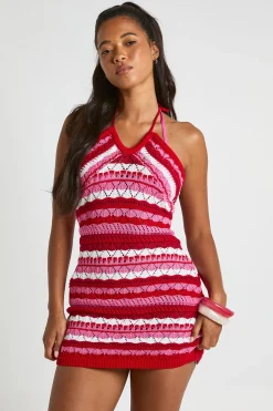 boohoo Robe Mini Dos Nu En Maille Crochet À Rayures<Femme Robes|Robes Dos Nu