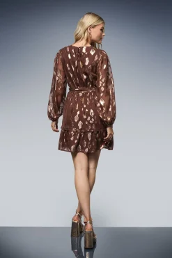 Robe Mini DP Luxe à Manches Bouffantes et Jupe Étagée en Jacquard