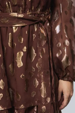 Robe Mini DP Luxe à Manches Bouffantes et Jupe Étagée en Jacquard
