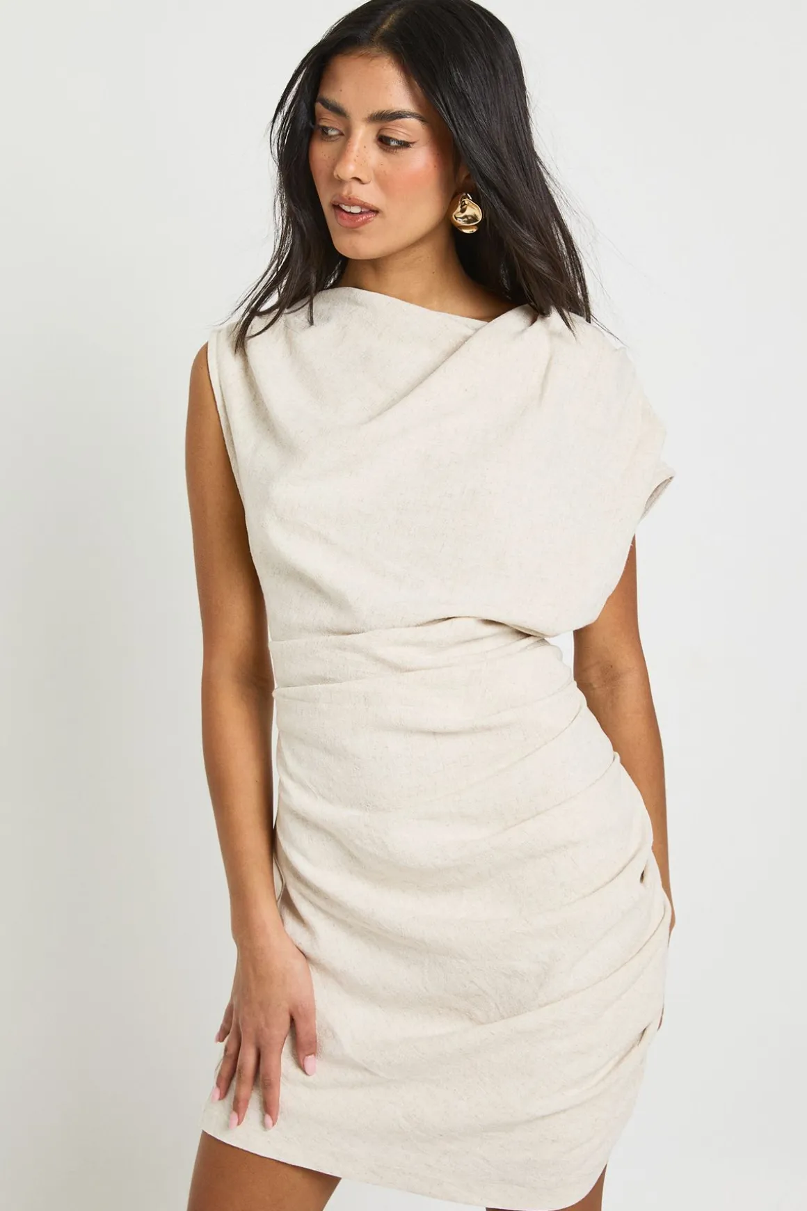Robe Mini Drapée à Fronces Effet Lin