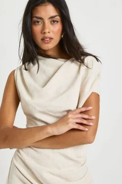Robe Mini Drapée à Fronces Effet Lin