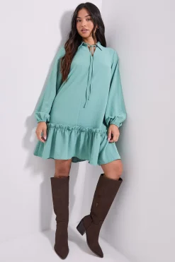 Robe Mini Droite Petite avec Détail Col Noué