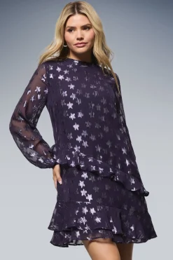 Robe Mini Droite à Volants DP Luxe Motif Jacquard Étoiles