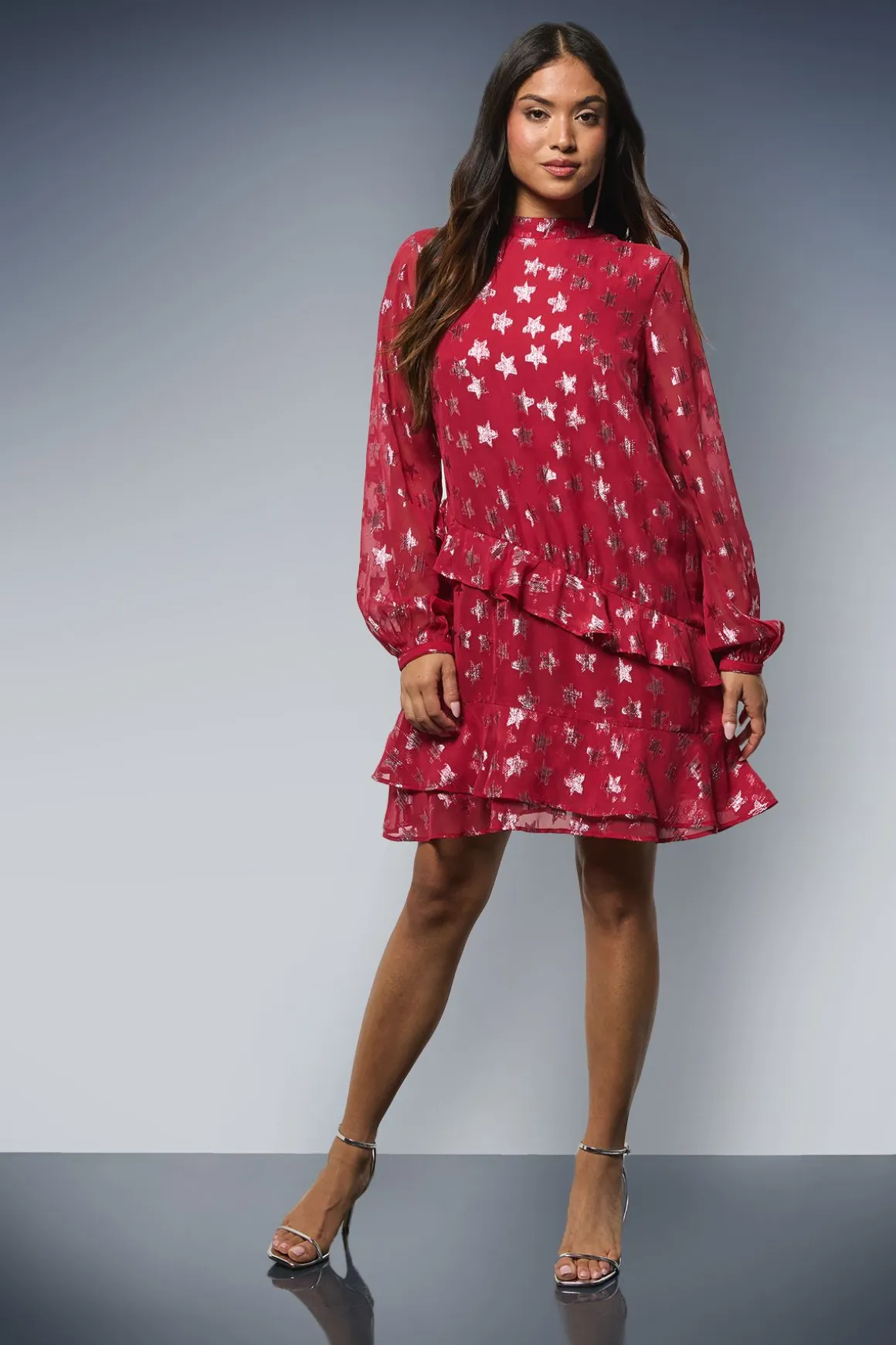 Robe Mini Droite à Volants Petite DP Luxe Jacquard Étoiles