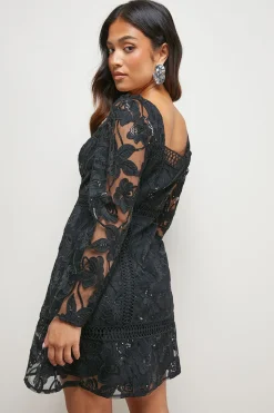 Oasis Robe Mini Détail Bordure Dentelle Petite Taille<Femme Satin Et Dentelle|Robes À Manches Longues