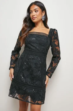 Oasis Robe Mini Détail Bordure Dentelle Petite Taille<Femme Satin Et Dentelle|Robes À Manches Longues