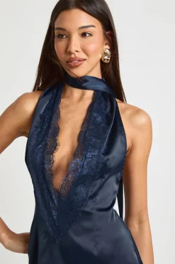 Robe Mini à Détail Foulard en Satin et Dentelle