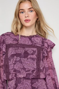 Oasis Robe Mini à Détails Plissés et Bordure en Dentelle Imprimée<Femme Satin Et Dentelle|Robes À Manches Longues