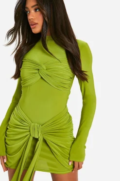 boohoo Robe mini à détails torsadés et froncés<Femme Robes Moulantes|Robes À Manches Longues