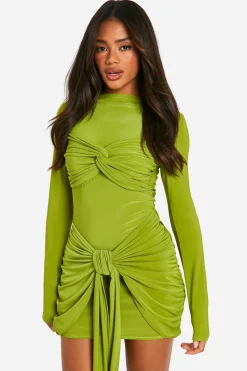 boohoo Robe mini à détails torsadés et froncés<Femme Robes Moulantes|Robes À Manches Longues