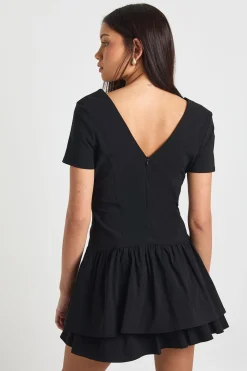 Robe Mini en Bengaline à Col V et Jupe Froncée