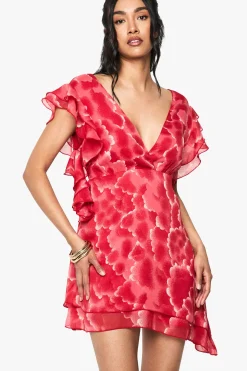 Robe mini en chiffon floral avec détails en volants