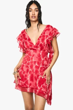 Robe mini en chiffon floral avec détails en volants