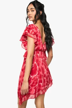 Robe mini en chiffon floral avec détails en volants
