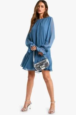 boohoo Robe Mini en Chiffon Froissé à Volants<Femme Robes Courtes|Robes À Manches Longues