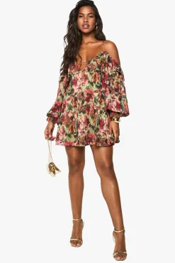 Robe mini en chiffon à imprimé floral, épaules dénudées et superposées