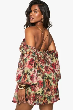 Robe mini en chiffon à imprimé floral, épaules dénudées et superposées