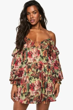 Robe mini en chiffon à imprimé floral, épaules dénudées et superposées