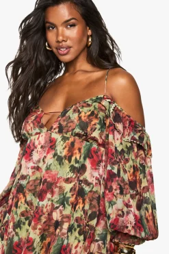 Robe mini en chiffon à imprimé floral, épaules dénudées et superposées