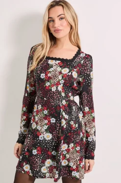 Robe Mini à Encolure Carrée avec Imprimé Floral Patchwork et Finitions en Dentelle