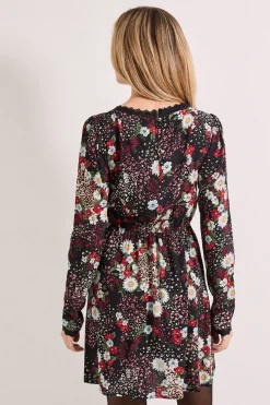 Robe Mini à Encolure Carrée avec Imprimé Floral Patchwork et Finitions en Dentelle