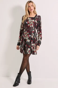 Robe Mini à Encolure Carrée avec Imprimé Floral Patchwork et Finitions en Dentelle