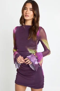 Robe mini à encolure échancrée, imprimé floral mixte, manches évasées