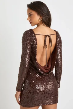 boohoo Robe mini à encolure drapée et dos à sequins<Femme Robes Moulantes|Robes À Manches Longues
