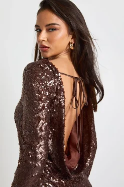boohoo Robe mini à encolure drapée et dos à sequins<Femme Robes Moulantes|Robes À Manches Longues