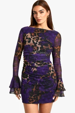 Robe Mini à Encolure Fendue, Imprimé Léopard Mixte, Manches Évasées