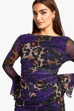 Robe Mini à Encolure Fendue, Imprimé Léopard Mixte, Manches Évasées